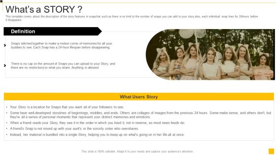 Snapchat Capital Investment Elevator Pitch Deck Whats A Story Mockup PDF