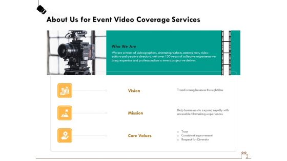 Social Gathering Movie Making About Us For Event Video Coverage Services Ppt Professional Brochure PDF
