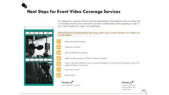 Social Gathering Movie Making Next Steps For Event Video Coverage Services Ppt Layouts Visual Aids PDF