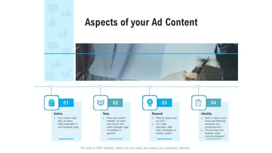 Social Media Advertisement Aspects Of Your Ad Content Ppt Gallery Slides PDF