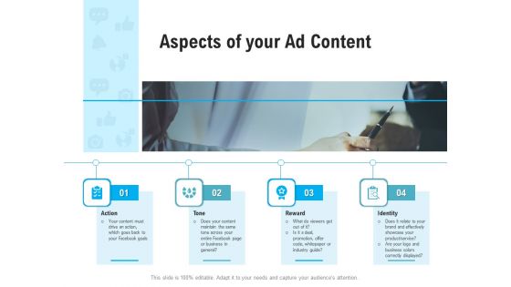 Social Media Advertisement Aspects Of Your Ad Content Ppt Gallery Slides PDF Social Media Advertisement Aspects Of Your Ad Content Ppt Gallery Slides PDF