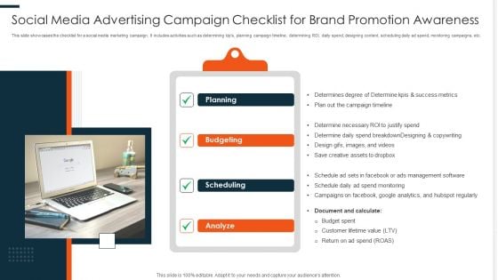 Social Media Advertising Campaign Checklist For Brand Promotion Awareness Ppt PowerPoint Presentation Icon Files PDF