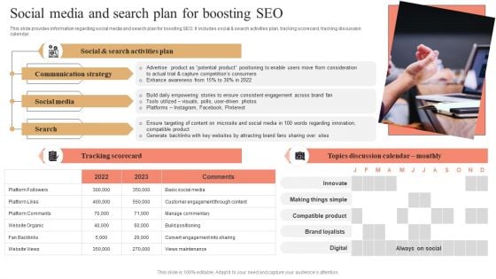 Social Media And Search Plan For Boosting SEO Infographics PDF