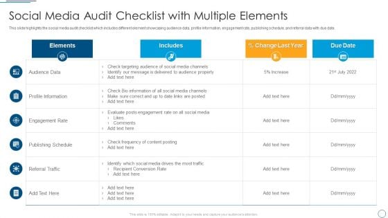 Social Media Audit Checklist With Multiple Elements Introduction PDF