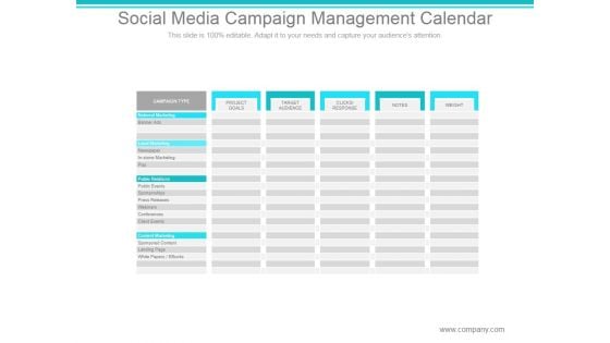 Social Media Campaign Management Calendar Ppt PowerPoint Presentation Clipart
