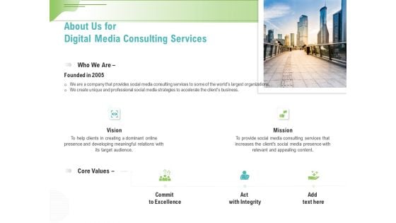 Social Media Consulting About Us For Digital Media Consulting Services Ppt Infographics Deck PDF