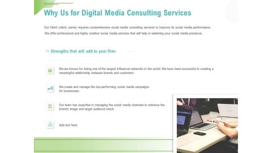 Social Media Consulting Why Us For Digital Media Consulting Services Ppt Infographic Template Template PDF