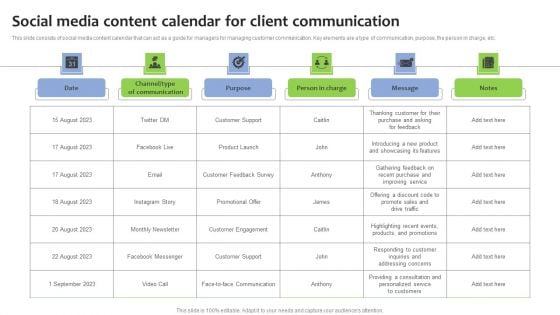 Social Media Content Calendar For Client Communication Topics PDF