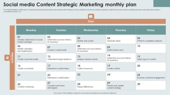 Social Media Content Strategic Marketing Monthly Plan Portrait PDF