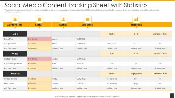 Social Media Content Tracking Sheet With Statistics Information PDF