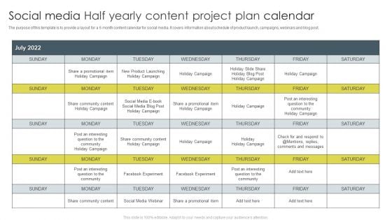 Social Media Half Yearly Content Project Plan Calendar Ppt Slides Deck PDF