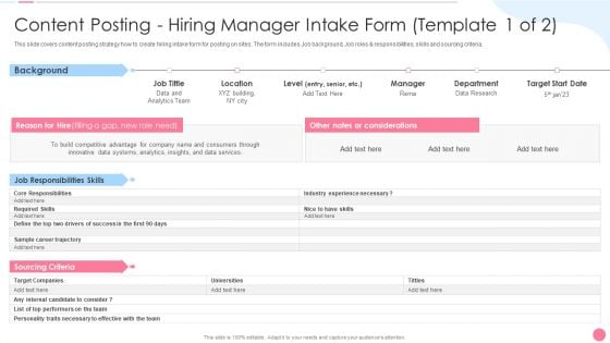 Social Media Hiring Approach Content Posting Hiring Manager Intake Form Template 1 Of 2 Structure PDF