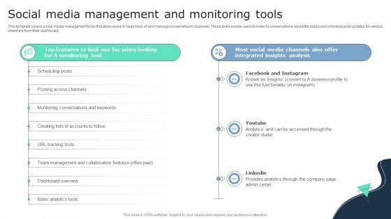 Social Media Management And Monitoring Tools Business Social Strategy Guide Mockup PDF