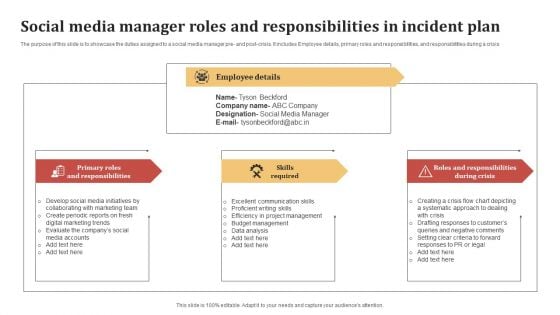 Social Media Manager Roles And Responsibilities In Incident Plan Brochure PDF