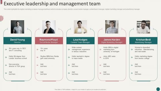 Social Media Marketing Company Profile Executive Leadership And Management Team Elements PDF Social Media Marketing Company Profile Executive Leadership And Management Team Elements PDF