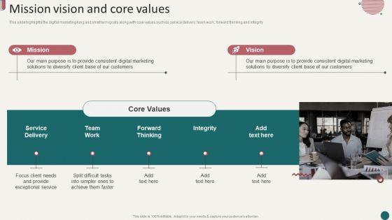 Social Media Marketing Company Profile Mission Vision And Core Values Diagrams PDF