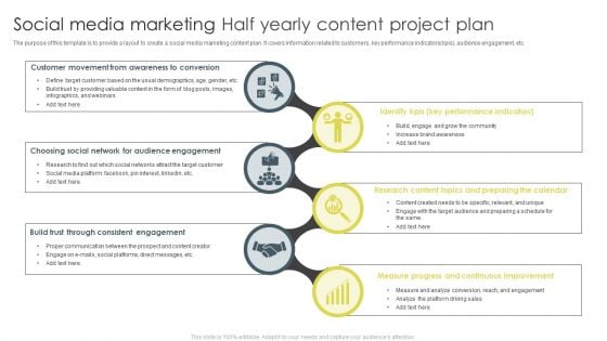 Social Media Marketing Half Yearly Content Project Plan Ppt Layouts Graphic Images PDF