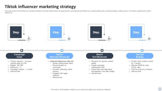 Social Media Marketing Strategies To Generate Lead Tiktok Influencer Marketing Strategy Clipart PDF
