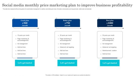 Social Media Monthly Price Marketing Plan To Improve Business Profitability Diagrams PDF