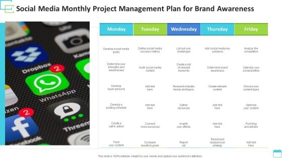 Social Media Monthly Project Management Plan For Brand Awareness Background PDF