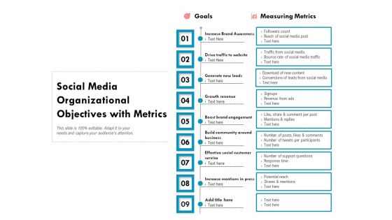 Social Media Organizational Objectives With Metrics Ppt PowerPoint Presentation Inspiration Example Introduction PDF