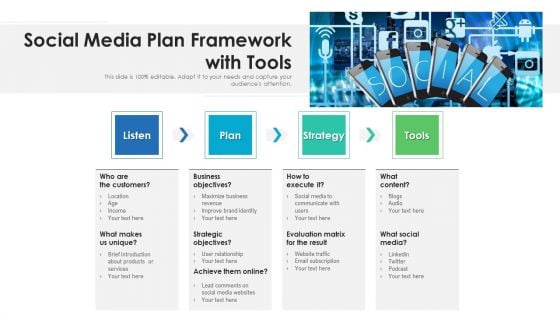 Social Media Plan Framework With Tools Ppt File Designs Download PDF