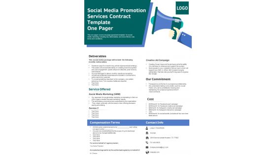 Social Media Promotion Services Contract Template One Pager PDF Document PPT Template