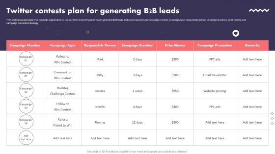 Social Media Promotional Technique Twitter Contests Plan For Generating B2B Leads Background PDF