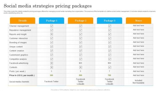 Social Media Strategies Pricing Packages Ppt Infographics Structure PDF