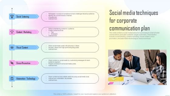 Social Media Techniques For Corporate Communication Plan Ppt Gallery Objects PDF