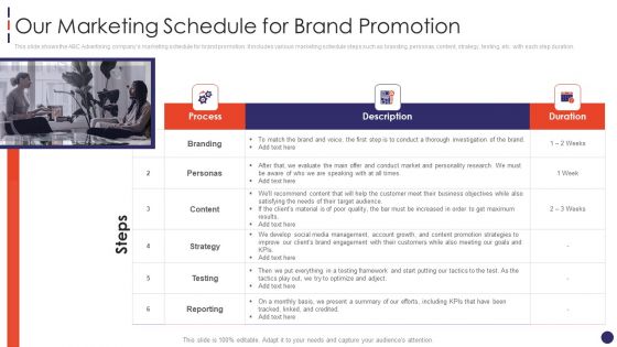 Social Network Firm Pitch Deck Our Marketing Schedule For Brand Promotion Download PDF