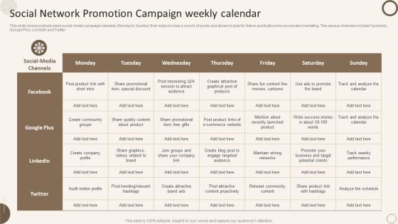 Social Network Promotion Campaign Weekly Calendar Diagrams PDF Social Network Promotion Campaign Weekly Calendar Diagrams PDF