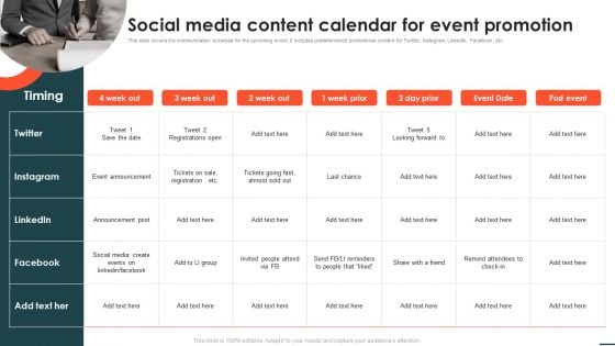 Social Networks Marketing Campaign Social Media Content Calendar For Event Promotion Clipart PDF