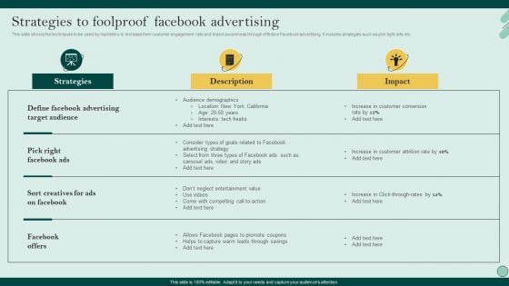 Social Networks Marketing To Improve Strategies To Foolproof Facebook Advertising Icons PDF