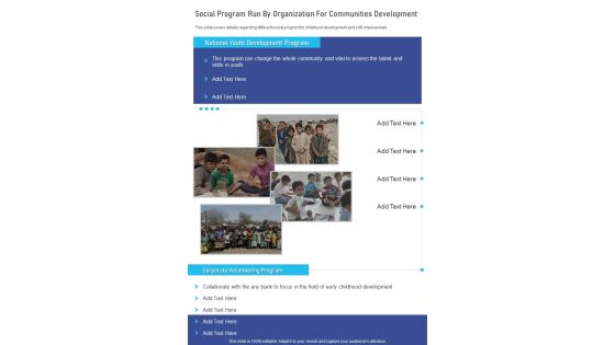 Social Program Run By Organization For Communities Development One Pager Documents Social Program Run By Organization For Communities Development One Pager Documents