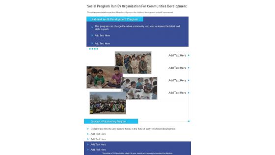 Social Program Run By Organization For Communities Development One Pager Documents