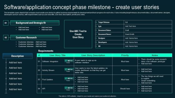 Software Application Concept Phase Milestone Create User Stories Business Application Development Playbook Diagrams PDF