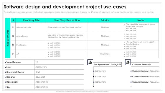 Software Design And Development Project Use Cases Playbook For Software Engineers Portrait PDF
