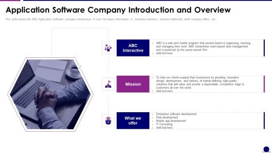 Software Development Pitch Deck Application Software Company Introduction And Overview Formats PDF