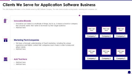 Software Development Pitch Deck Clients We Serve For Application Software Business Mockup PDF