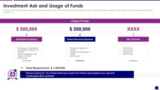 Software Development Pitch Deck Investment Ask And Usage Of Funds Icons PDF