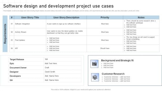 Software Development Playbook Software Design And Development Project Use Cases Themes PDF