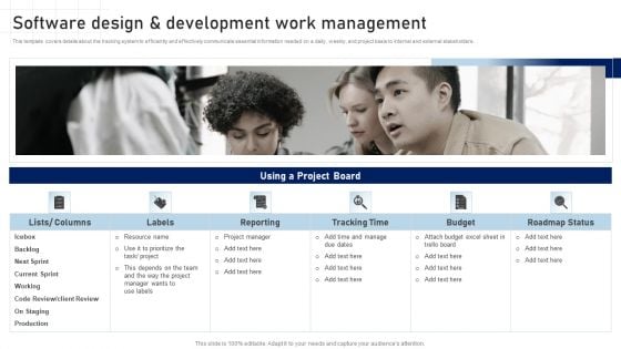 Software Development Playbook Software Design And Development Work Management Mockup PDF