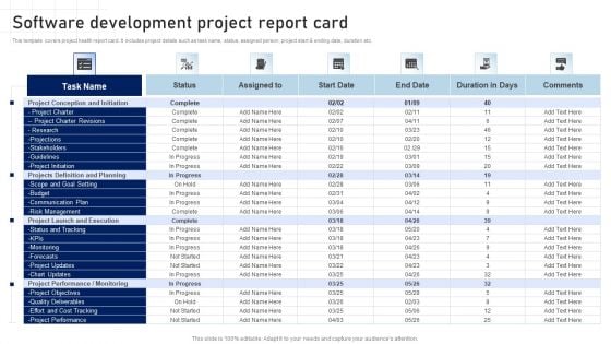 Software Development Playbook Software Development Project Report Card Icons PDF