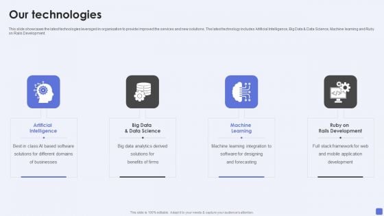 Software Services Business Profile Our Technologies Ppt PowerPoint Presentation Gallery Infographics PDF Software Services Business Profile Our Technologies Ppt PowerPoint Presentation Gallery Infographics PDF
