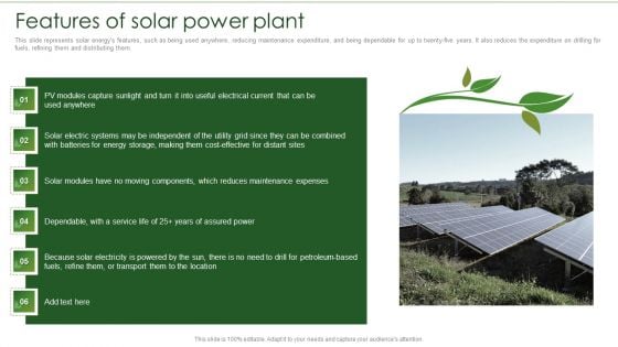 Solar Energy System IT Features Of Solar Power Plant Background PDF