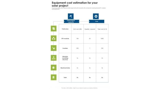 Solar Energy System Sales And Setup Equipment Cost Estimation One Pager Sample Example Document