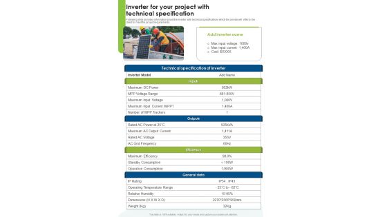 Solar Energy System Sales And Setup Inverter For Your Project One Pager Sample Example Document