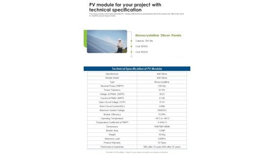 Solar Energy System Sales And Setup Pv Module For Your Project One Pager Sample Example Document