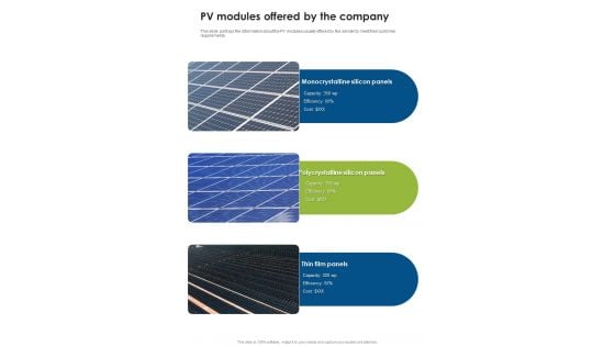 Solar Energy System Sales And Setup Pv Modules Offered One Pager Sample Example Document